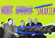 Image of people talking with the words "WORK HARDER" behind them - "Harder" is crossed out and "SMARTER" is written next to it